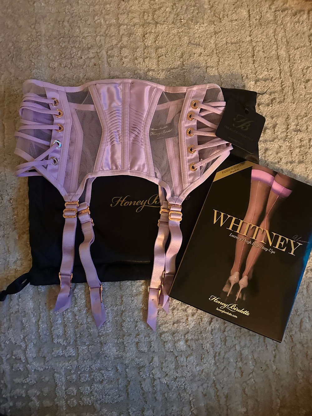 Honey Birdette Jerry Waspie/Icy Purple + Whitney Stockings/Lt Purple XS/OS NWT